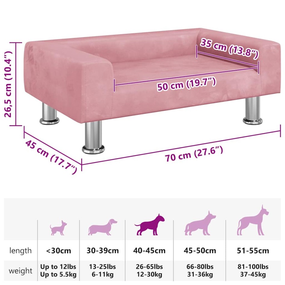 Cama para perros de terciopelo rosa 70x45x26,5