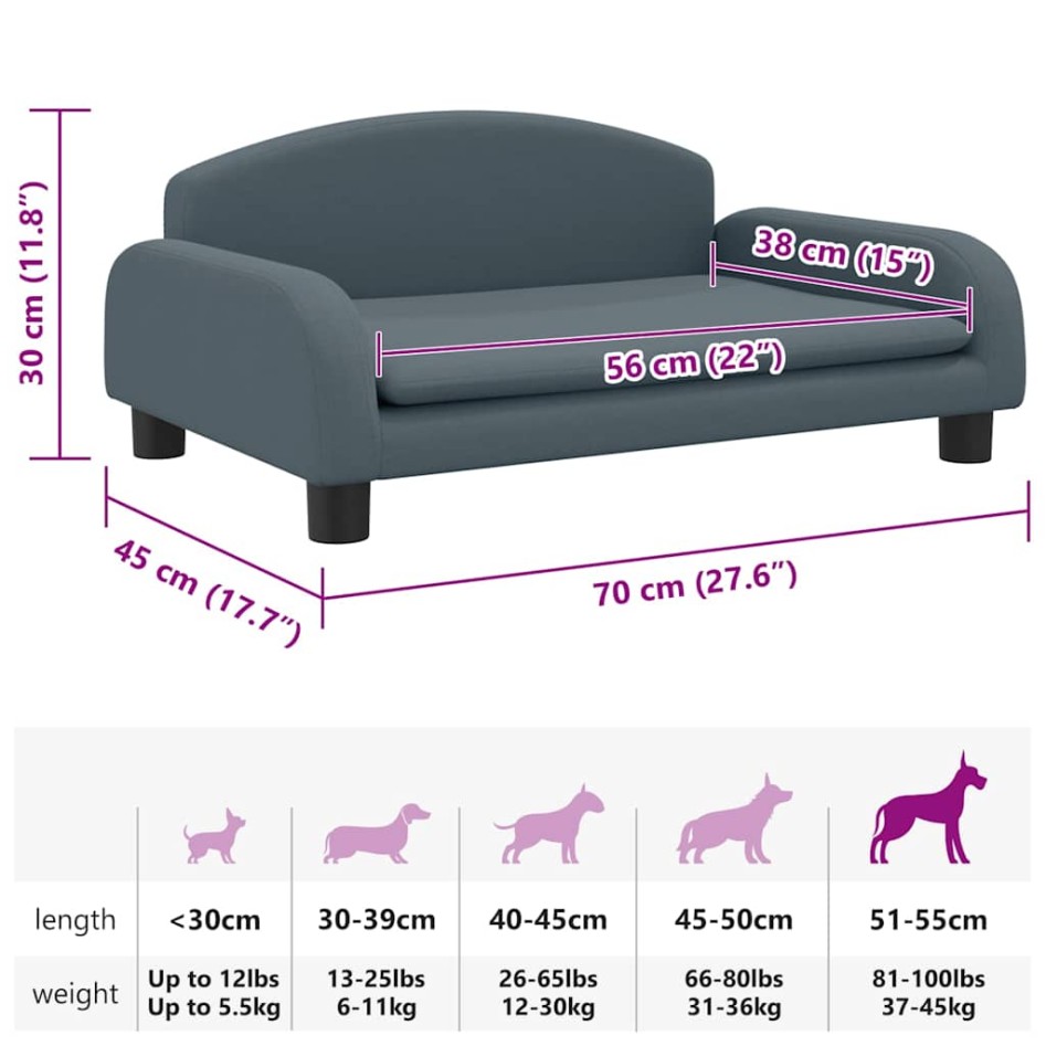 Cama para perros de tela gris oscuro 70x45x30