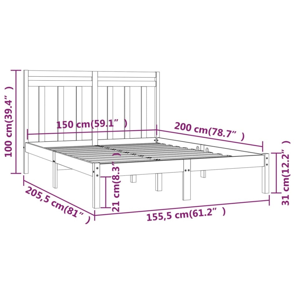 Estructura de cama madera maciza blanca King Size 150x200
