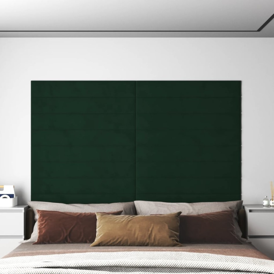 Paneles de pared 12 uds terciopelo verde oscuro 90x15 cm