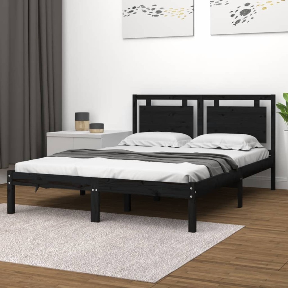 Estructura de cama de madera maciza de pino negra 200x200