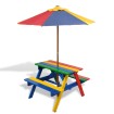 Mesa de picnic y bancos de niños y sombrilla madera multicolor