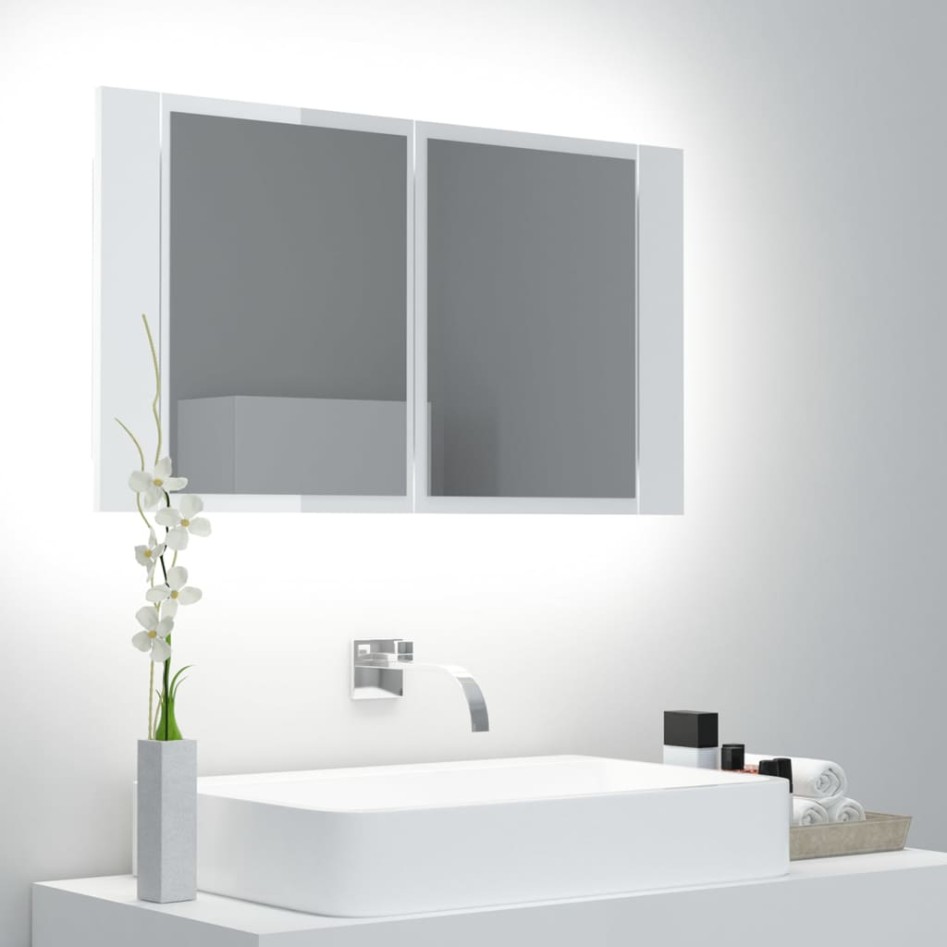 Armario espejo de baño LED acrílico blanco brillo 80x12x45