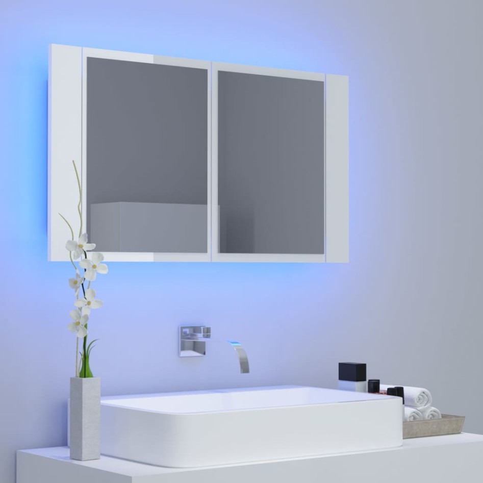 Armario espejo de baño LED acrílico blanco brillo 80x12x45