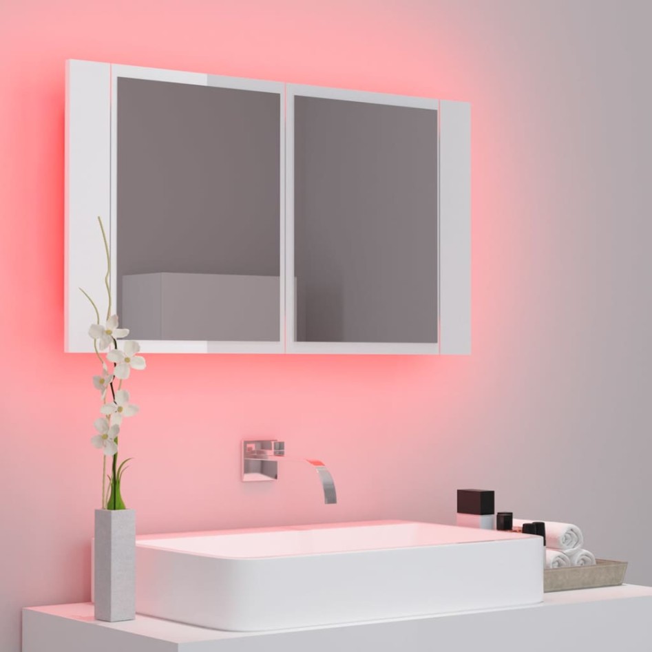 Armario espejo de baño LED acrílico blanco brillo 80x12x45