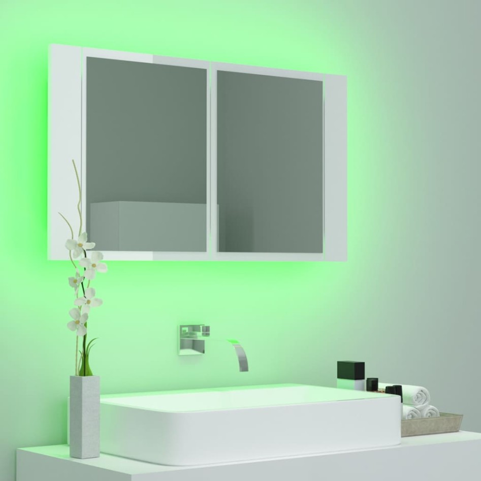 Armario espejo de baño LED acrílico blanco brillo 80x12x45