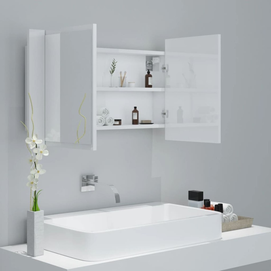 Armario espejo de baño LED acrílico blanco brillo 80x12x45