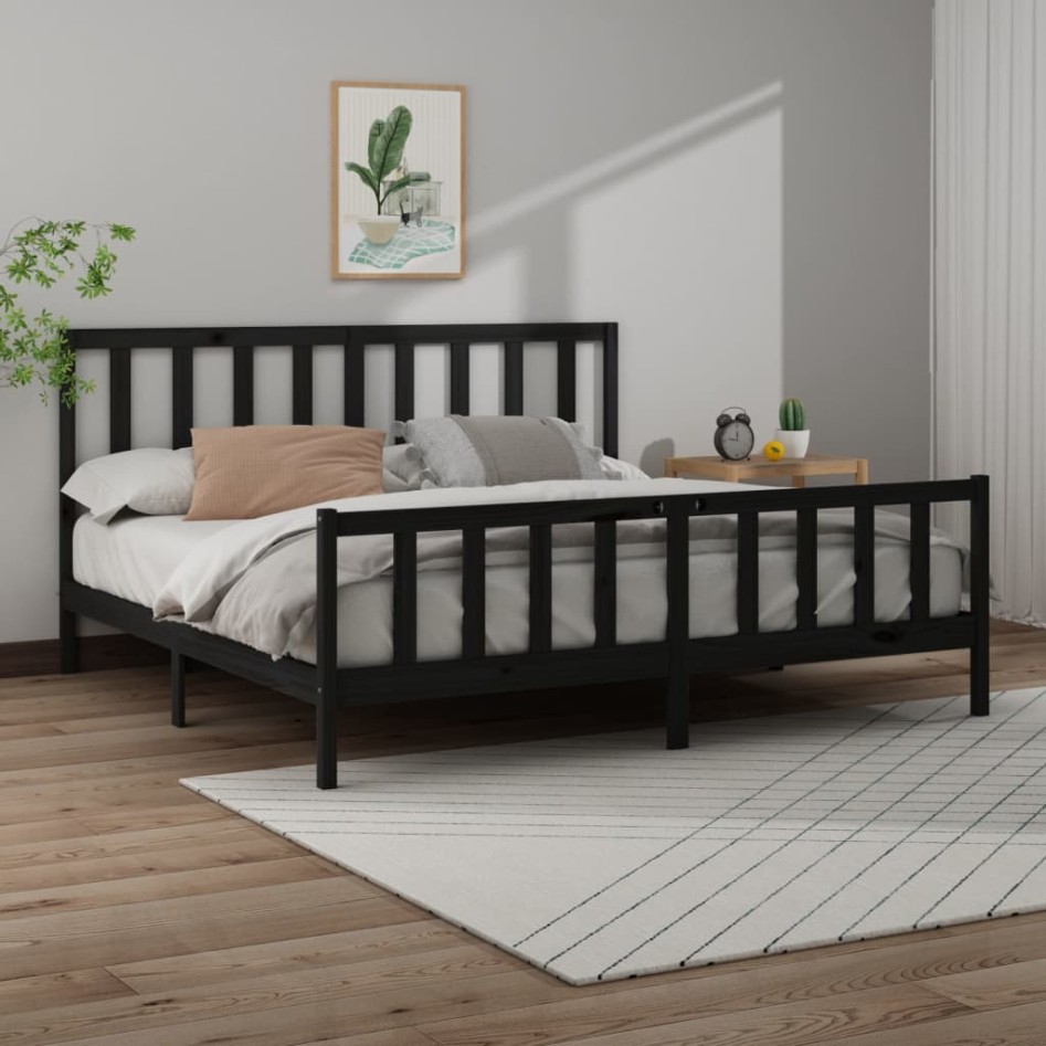 Estructura de cama de madera maciza de pino negra 200x200