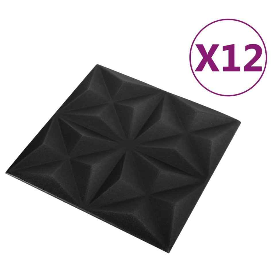 Paneles de pared 3D 12 unidades negro origami 3 m² 50x50