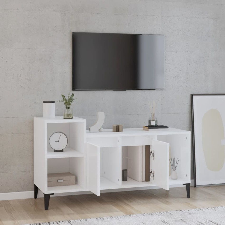 Mueble de TV madera contrachapada blanco brillo 100x35x55