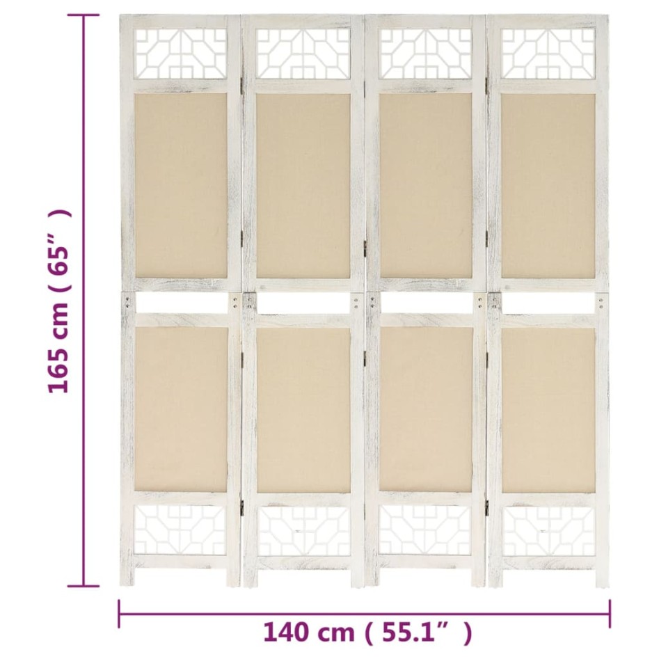 Biombo divisor de 4 paneles de tela color crema 140x165