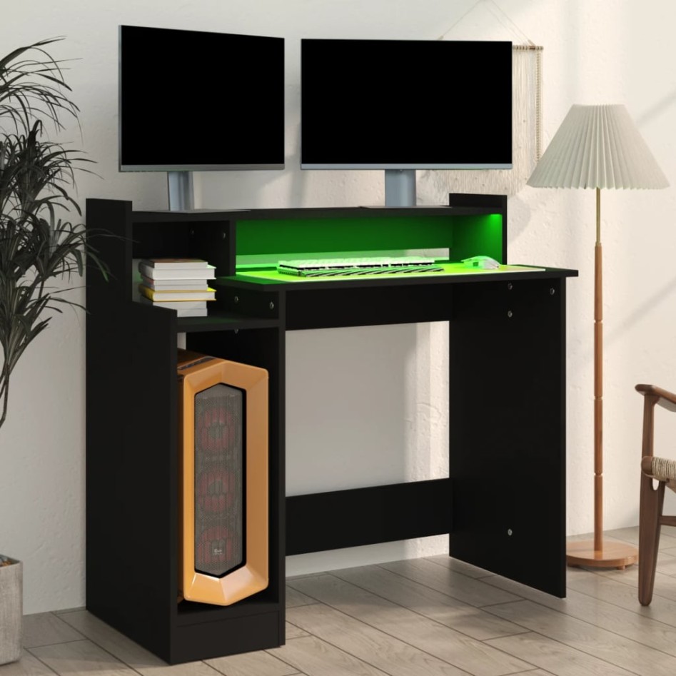 Escritorio con luz LED madera contrachapada negro 97x45x90