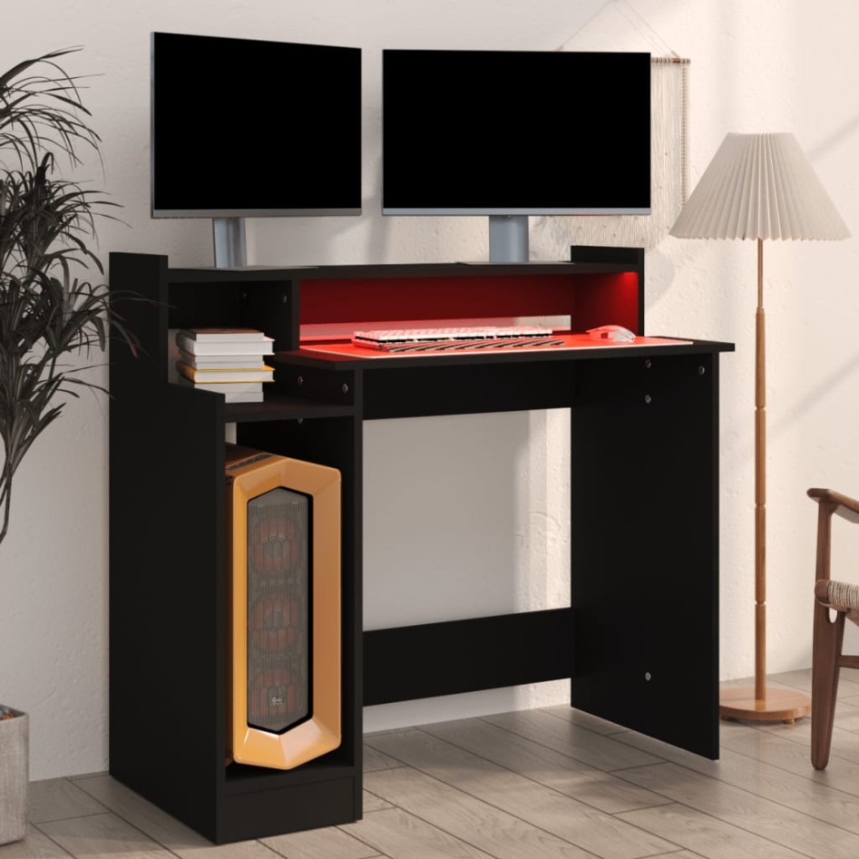 Escritorio con luz LED madera contrachapada negro 97x45x90