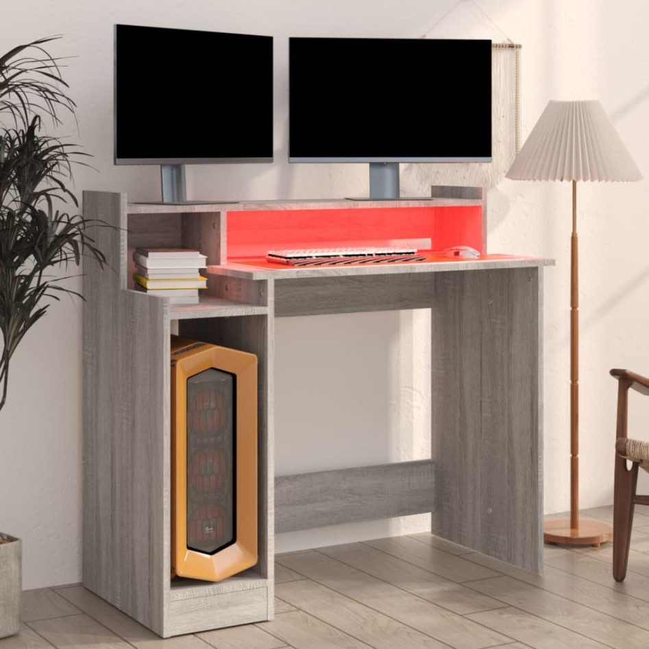 Escritorio con LED madera contrachapada gris sonoma 97x45x90