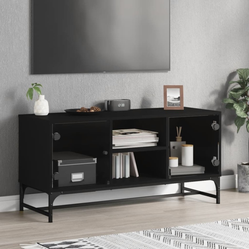 Mueble de TV con puertas de vidrio negro 102x37x50