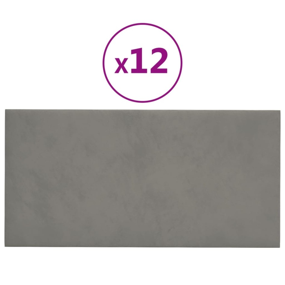 Paneles de pared 12 uds terciopelo gris claro 30x15 cm 0,54