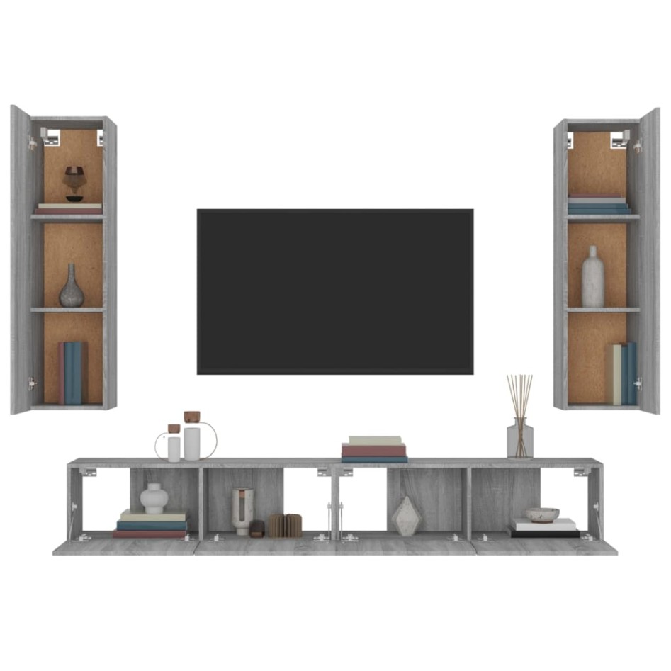 Set de muebles para TV 4 pzas madera contrachapada gris
