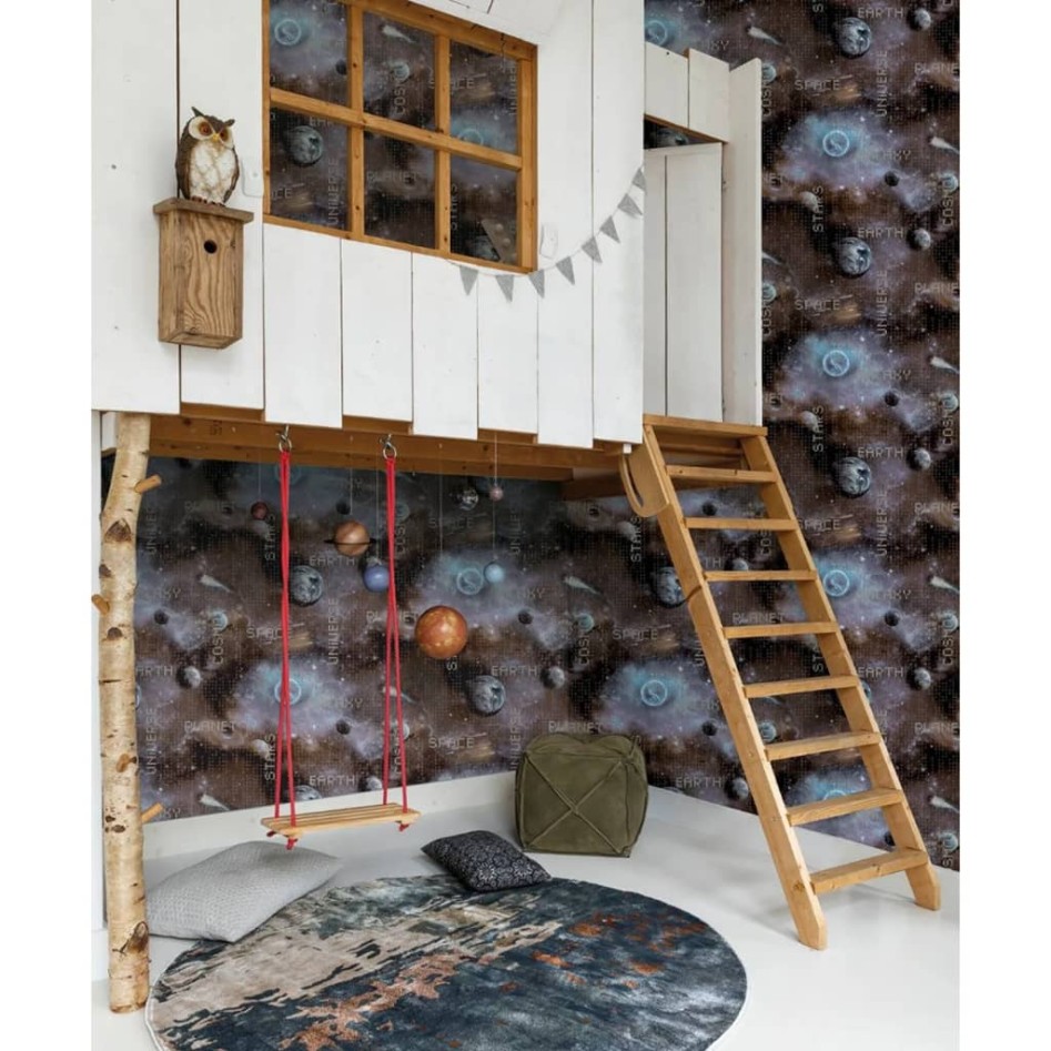 Noordwand Papel de pared Good Vibes Galaxy Planets and Text azul