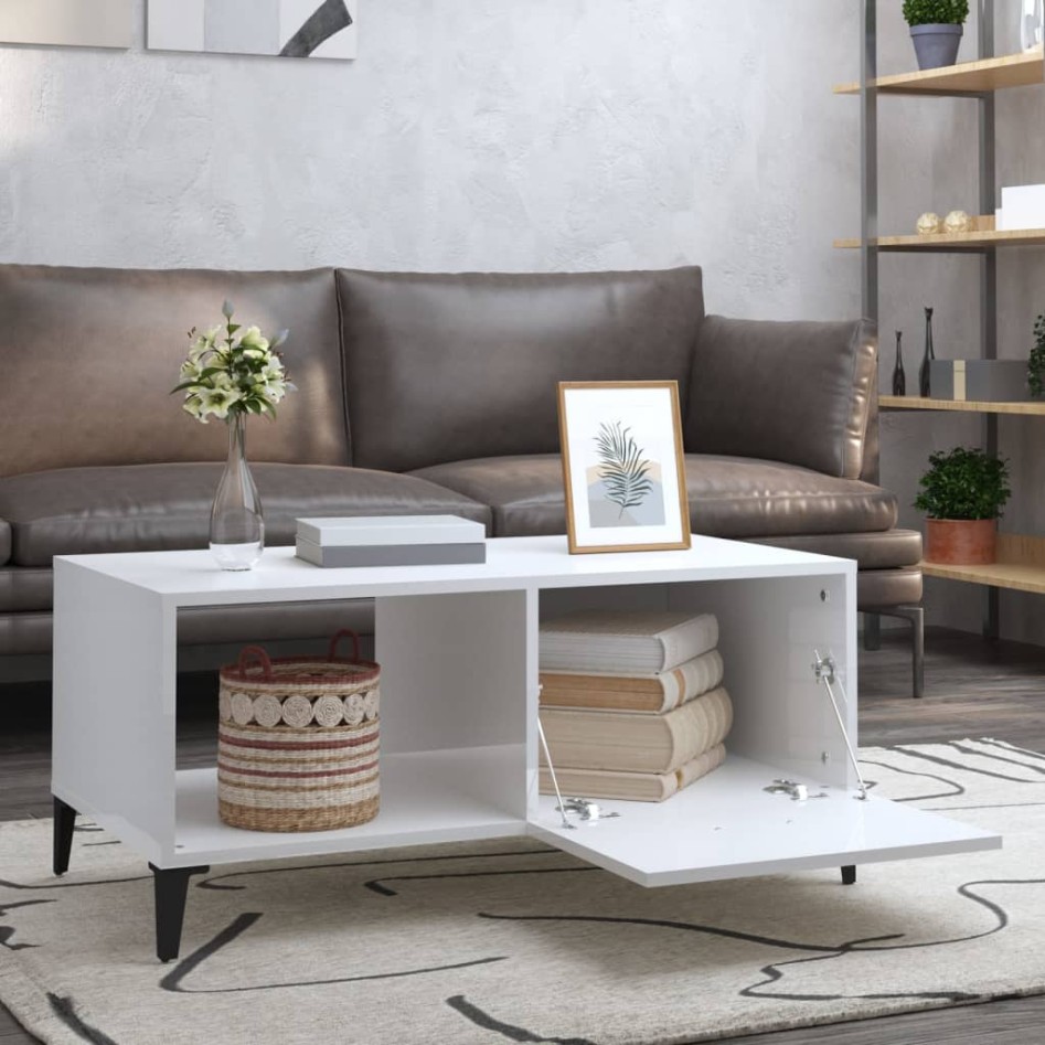 Mesa de centro madera contrachapada blanco brillo 90x50x40