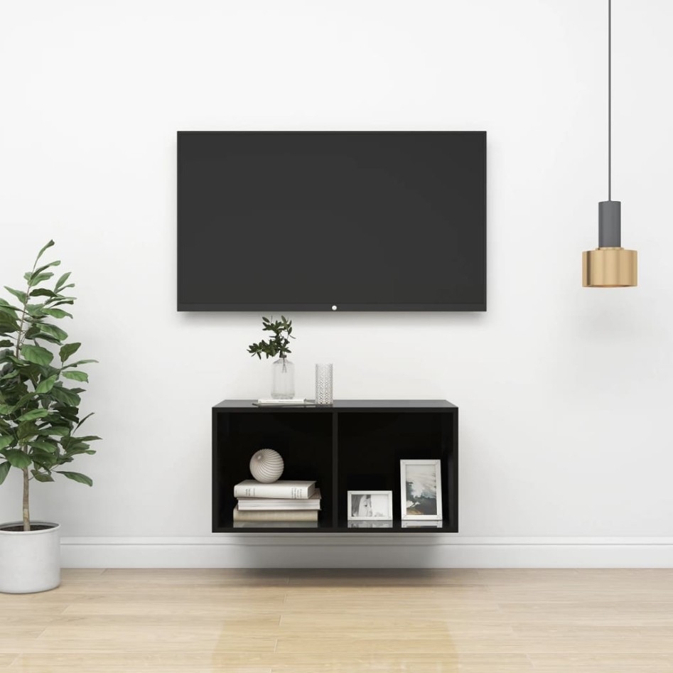Mueble TV de pared madera contrachapada negro brillo