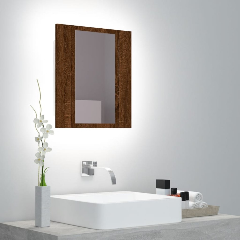 Armario de baño con espejo LED madera marrón roble 40x12x45