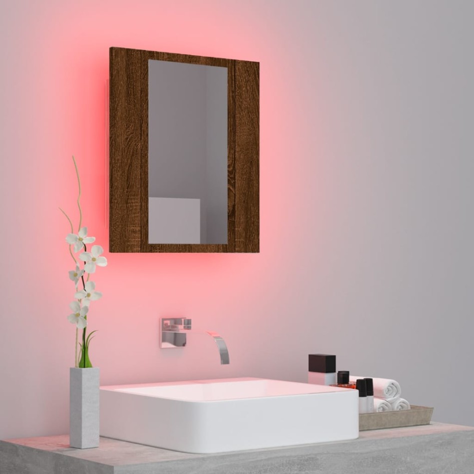 Armario de baño con espejo LED madera marrón roble 40x12x45