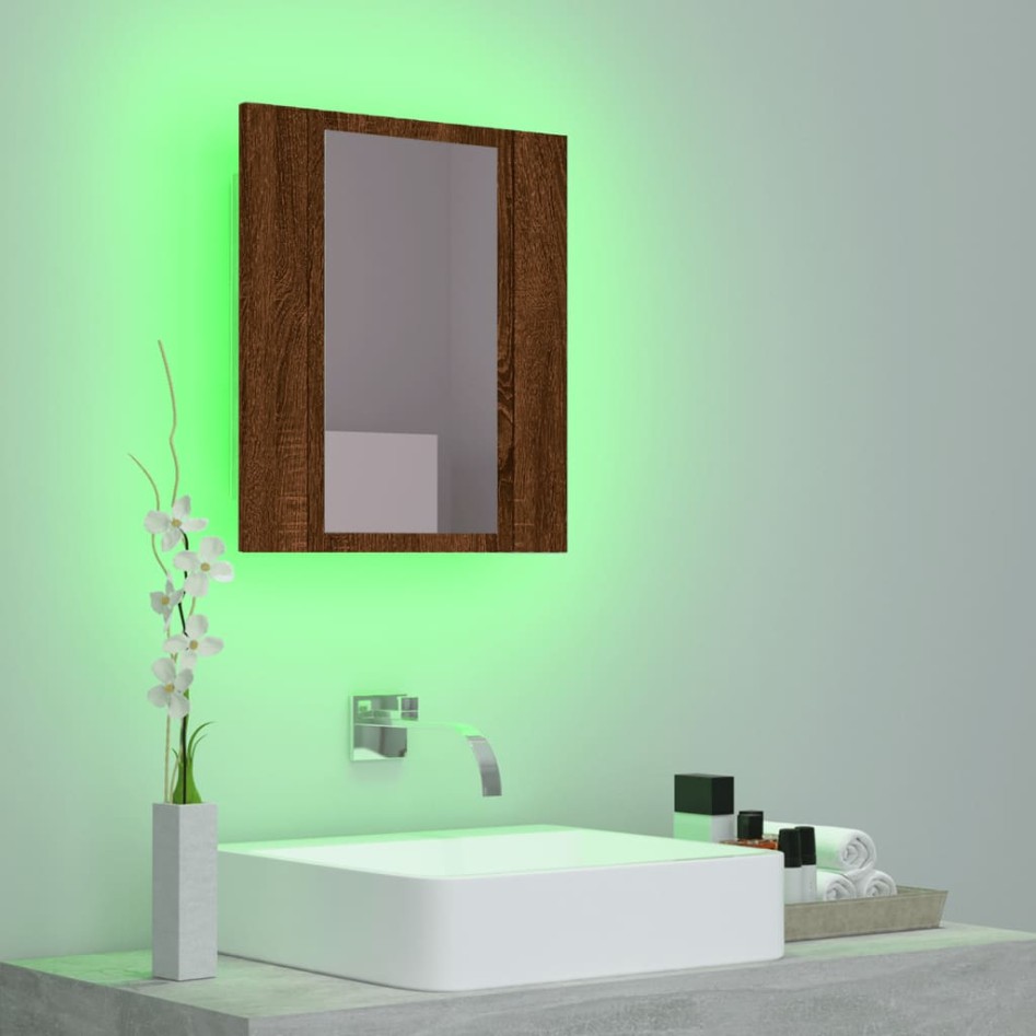 Armario de baño con espejo LED madera marrón roble 40x12x45