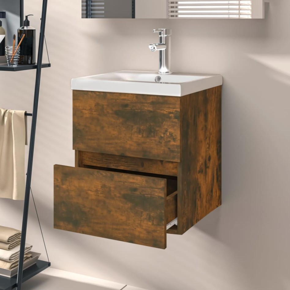 Mueble de lavabo madera ingeniería roble ahumado 41x38,5x45