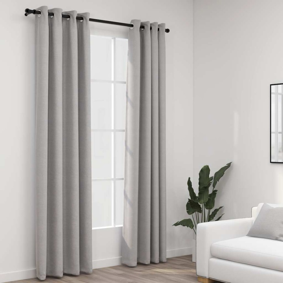 Cortinas opacas con ojales look de lino 2 pzas gris 140x225
