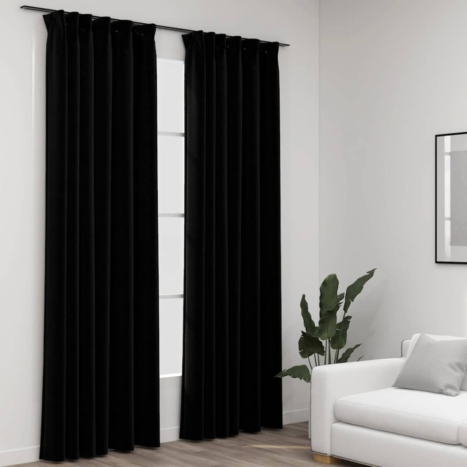 Cortinas opacas con ganchos look de lino 2 pzas negro