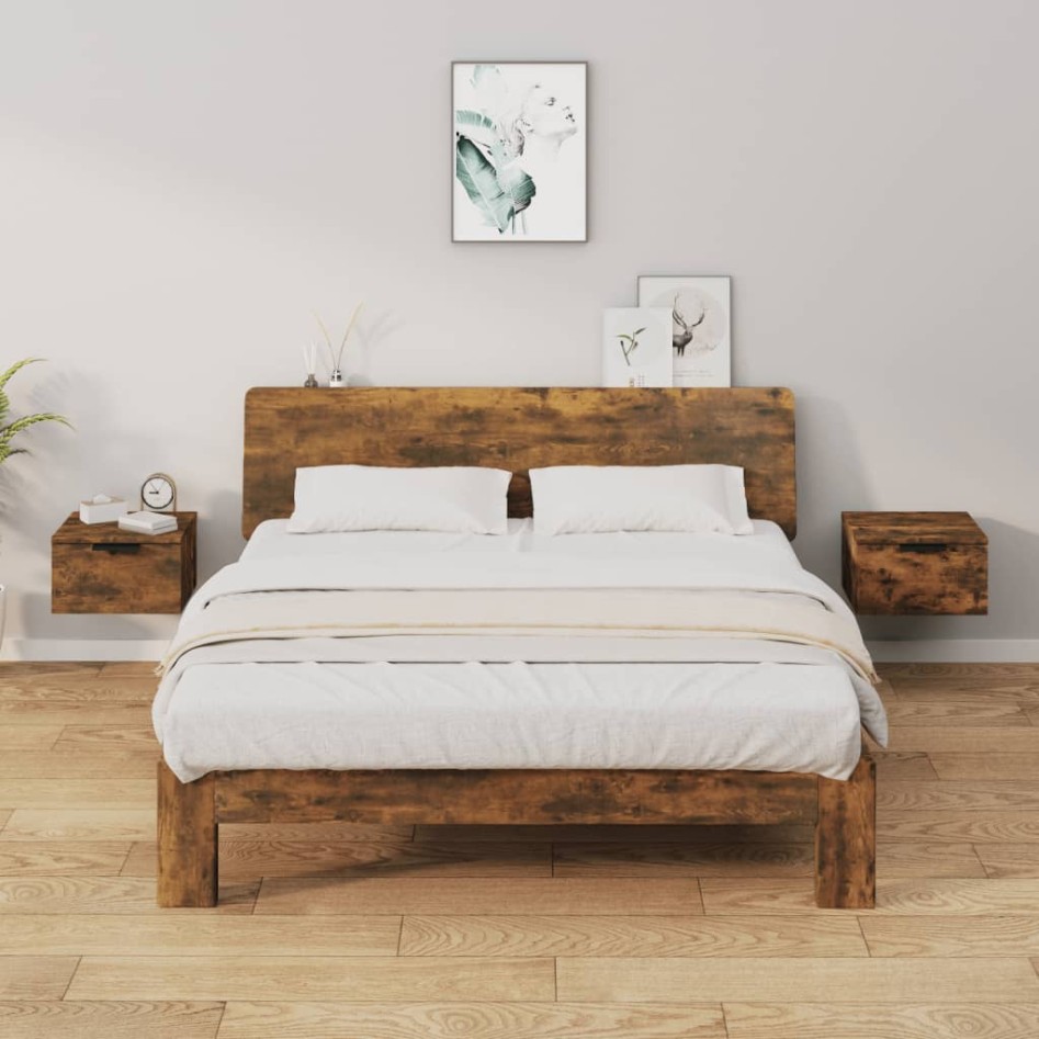 Mesitas de noche de pared 2 uds color roble ahumado 34x30x20