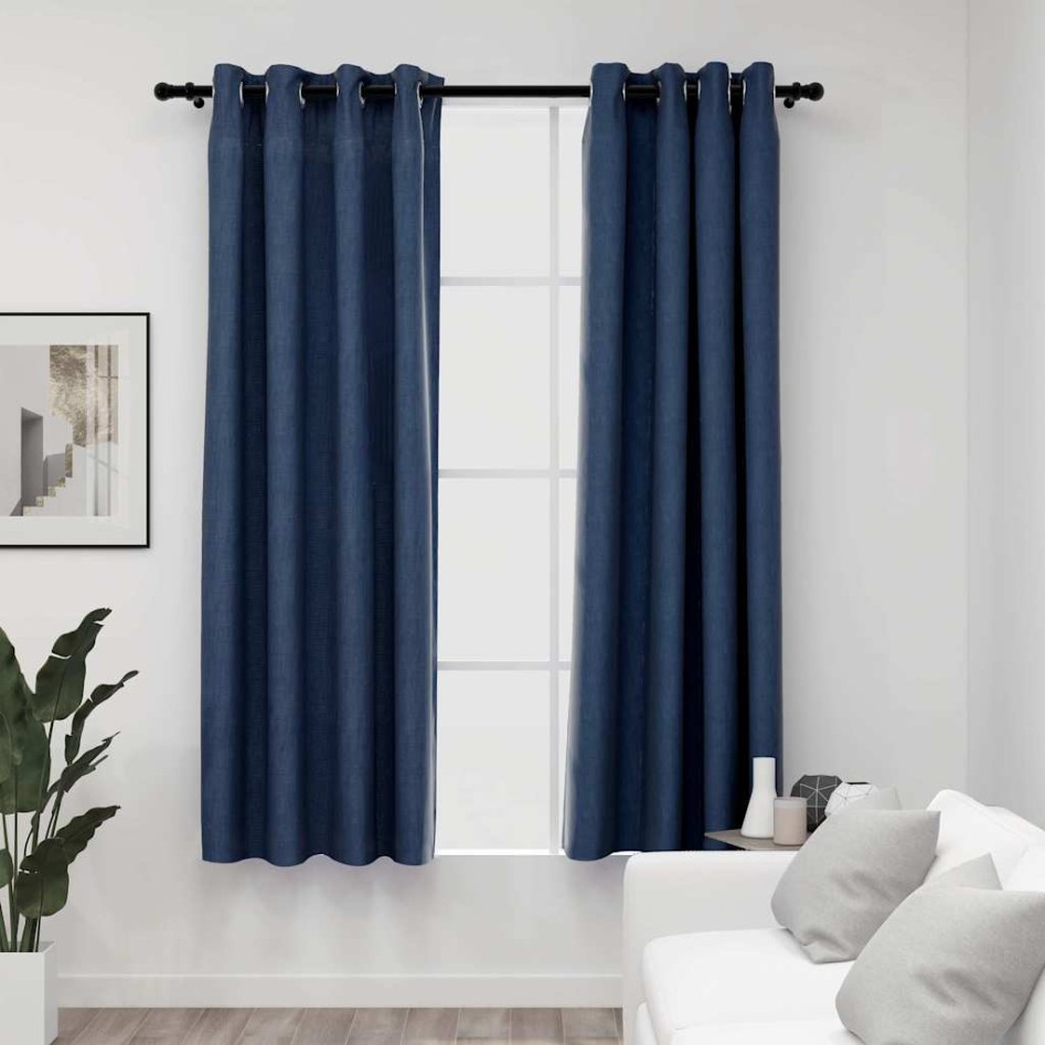 Cortinas opacas con ojales look de lino 2 pzas azul 140x175