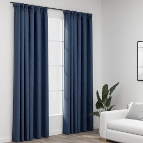 Cortinas opacas con ganchos look de lino 2 pzas azul 140x225