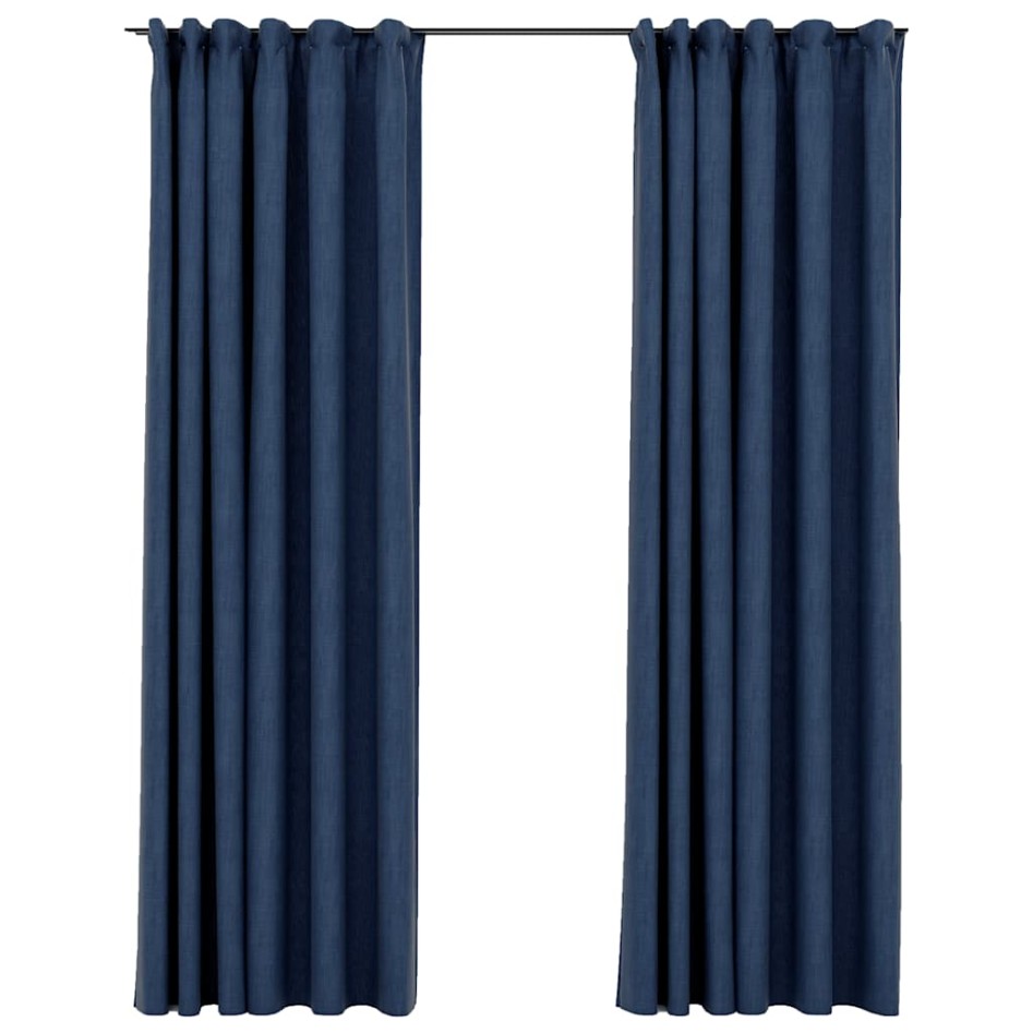 Cortinas opacas con ganchos look de lino 2 pzas azul 140x225