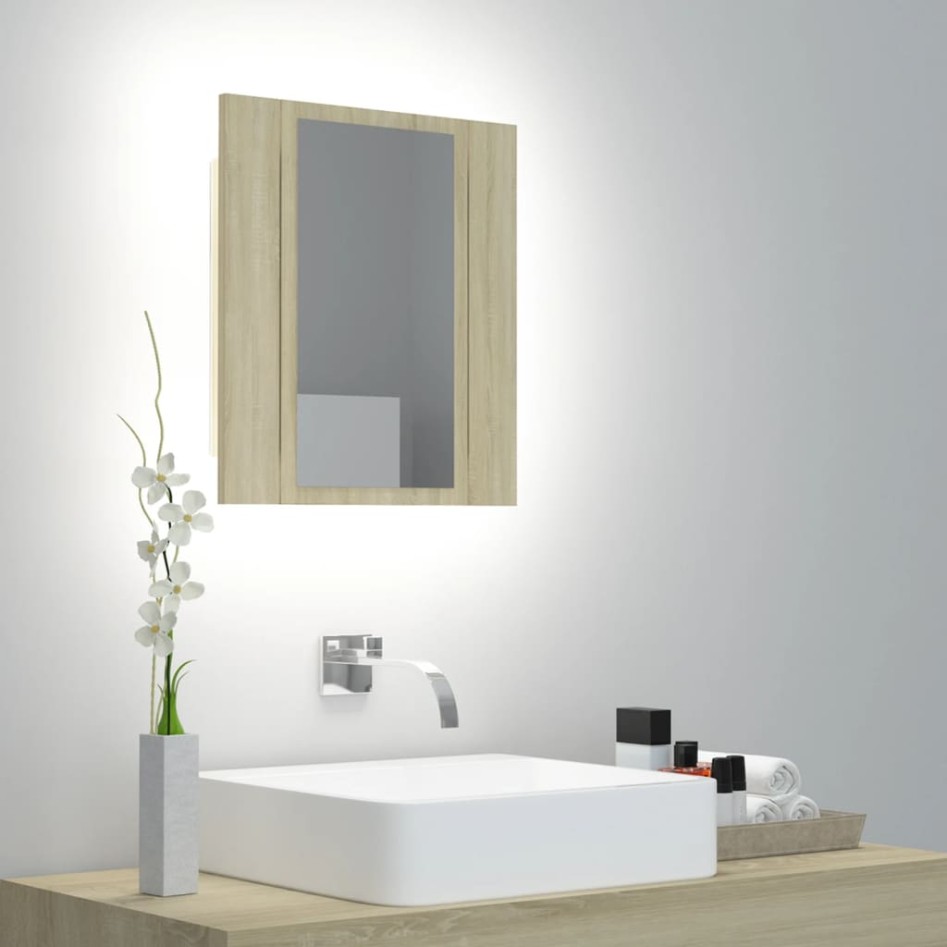 Armario espejo de baño LED acrílico roble Sonoma 40x12x45