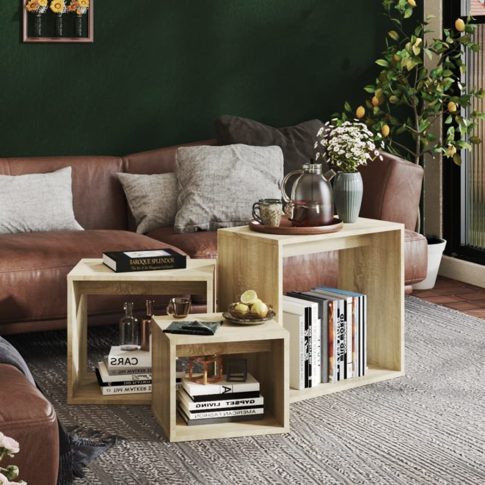 Mesas apilables 3 piezas madera contrachapada roble