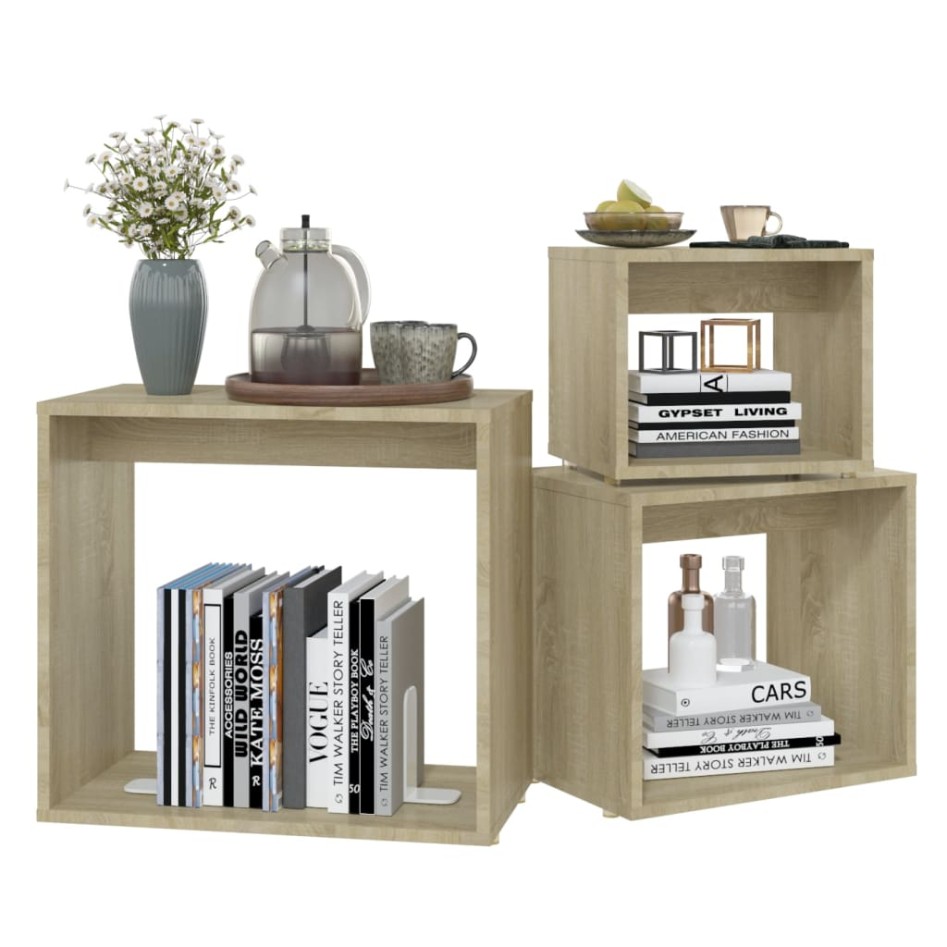 Mesas apilables 3 piezas madera contrachapada roble