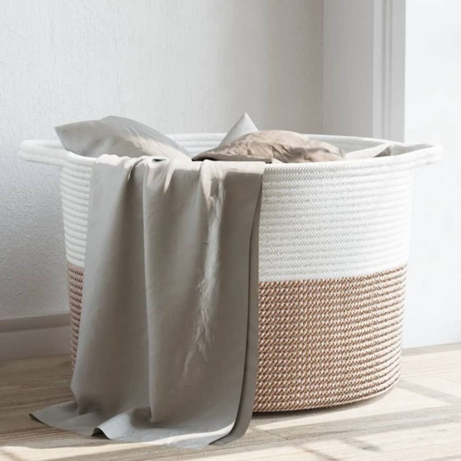 Cesta para ropa sucia algodón marrón y blanco Ø55x36