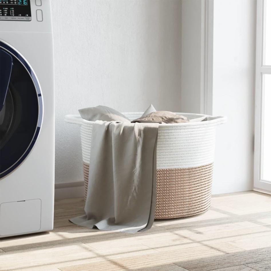 Cesta para ropa sucia algodón marrón y blanco Ø55x36