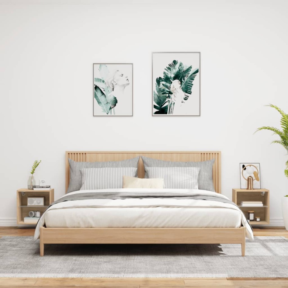 Mesitas de noche de pared con luces LED 2 unidades roble