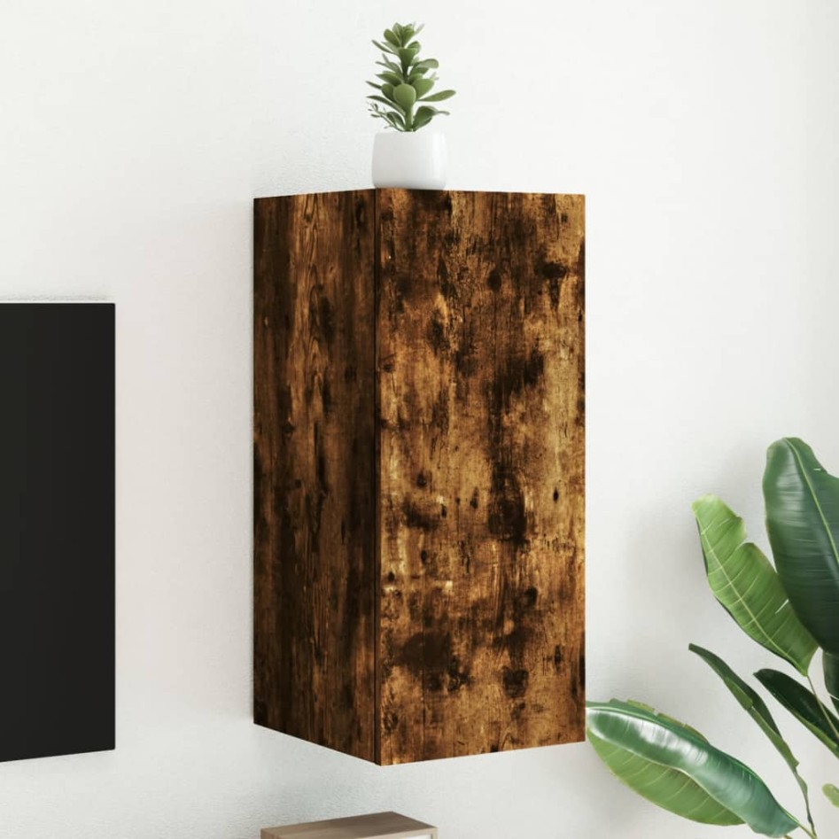 Mueble de TV de pared con luces LED roble ahumado 30,5x35x70