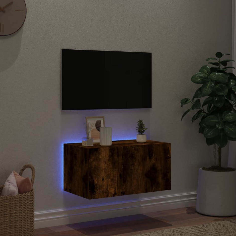 Mueble de TV de pared con luces LED roble ahumado 60x35x31