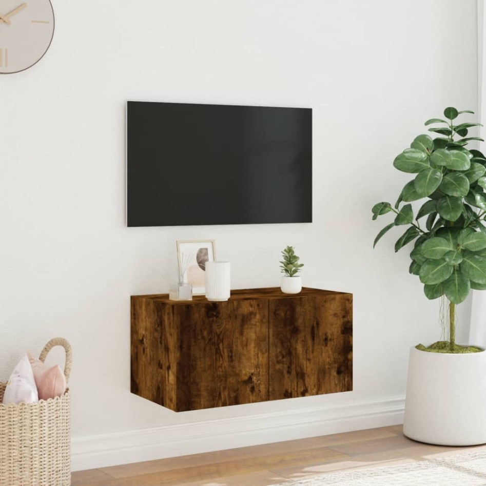 Mueble de TV de pared con luces LED roble ahumado 60x35x31