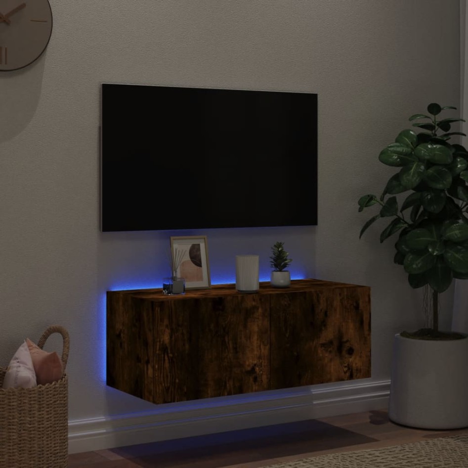 Mueble de TV de pared con luces LED roble ahumado 80x35x31