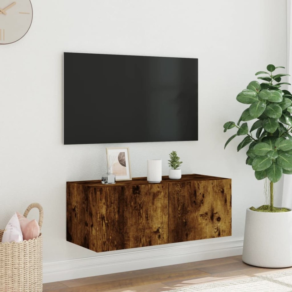 Mueble de TV de pared con luces LED roble ahumado 80x35x31