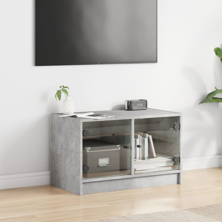 Mueble de TV con puertas de vidrio gris hormigón 68x37x42