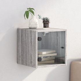 Mesita de noche con puerta de vidrio gris Sonoma 35x37x35