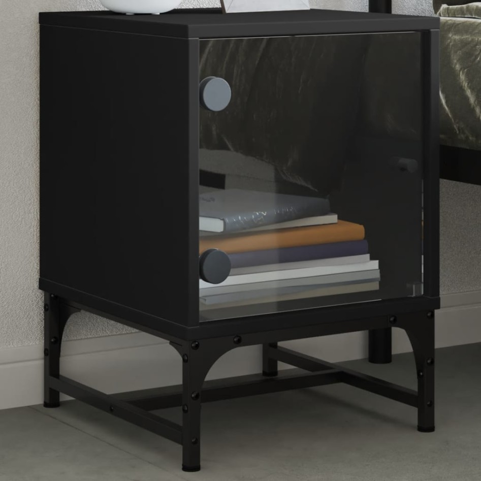 Mesitas de noche con puertas de vidrio 2 uds negro 35x37x50