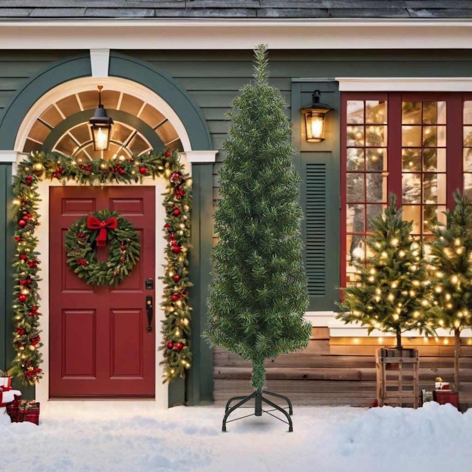 Árbol de Navidad artificial delgado y soporte PVC verde 210