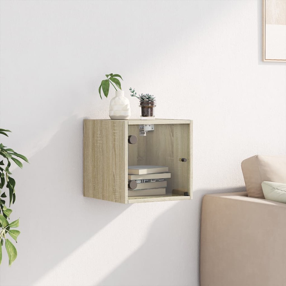 Mesita de noche con puerta de vidrio roble Sonoma 35x37x35